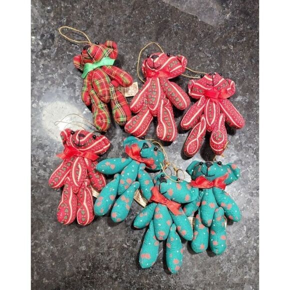 Vintage Christmas Bear Stuffed Ornaments, Set of 7 - Picture 1 of 10